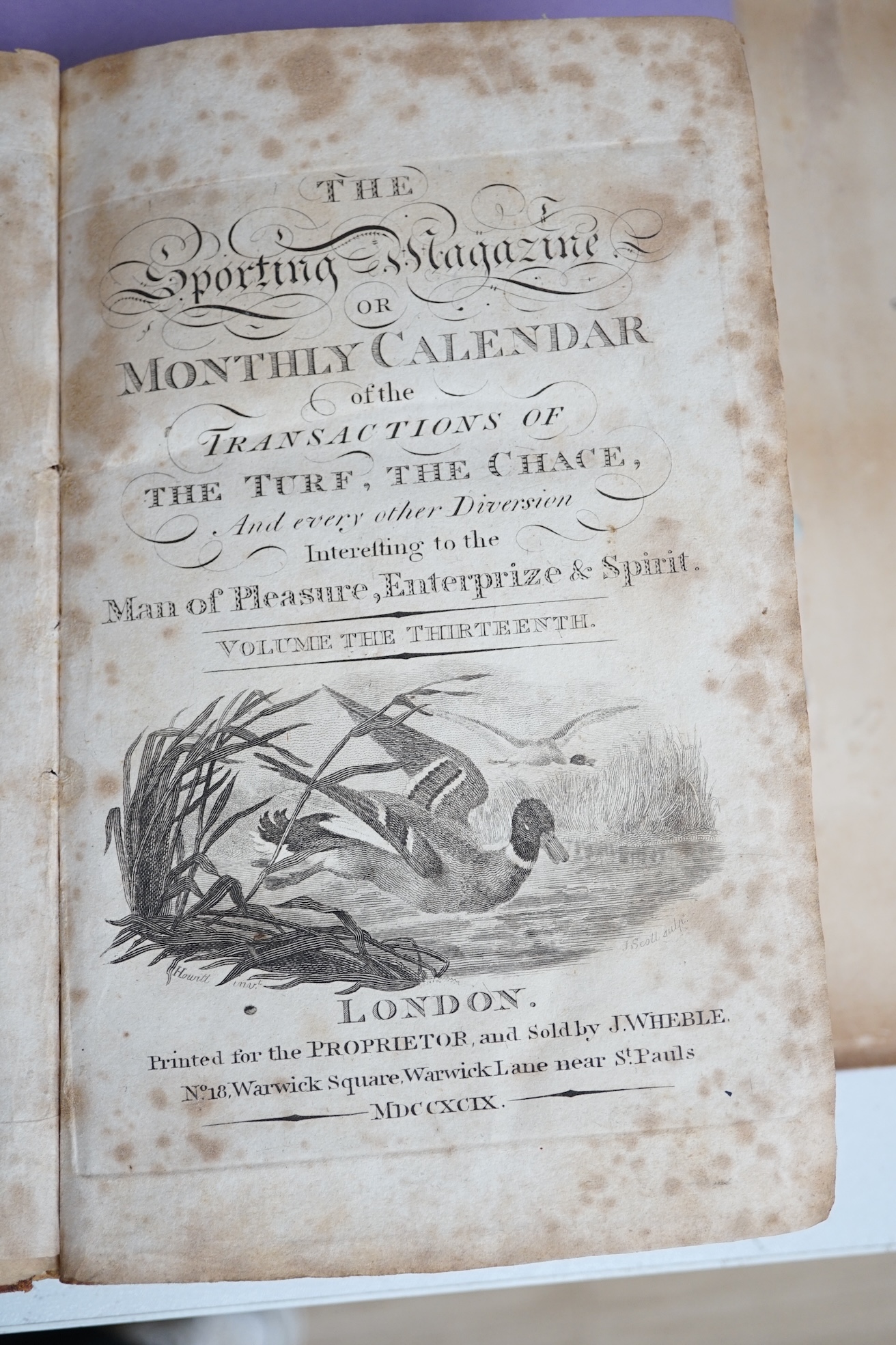 The Sporting Magazine; or Monthly Calendar ... 14 vols. (13-20 and 22-28), pictorial engraved and printed titles, engraved plates; contemp. calf backed marbled boards. 1798-1806